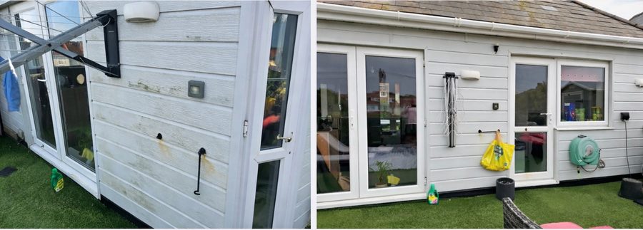 White PVC cladding, green with algae on one side and clean on the other.