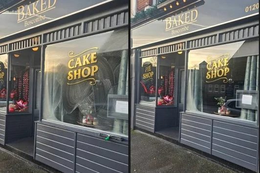 A Boscombe cake shop window before and after cleaning.