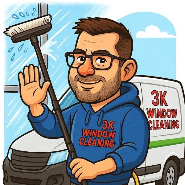 A cartoon of Jay in a 3K Window Cleaning hoodie, waving, holding a brush pole beside a branded van.
