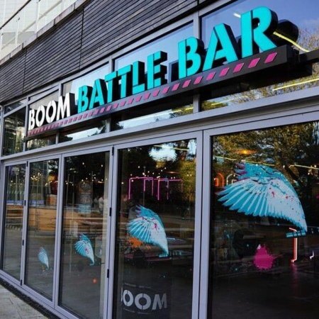 Boom Battle Bar's full-height glass frontage.